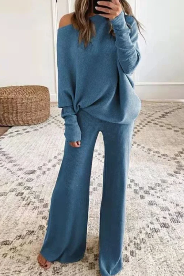 Casual Solid Color One-Shoulder Ladies Knit Set