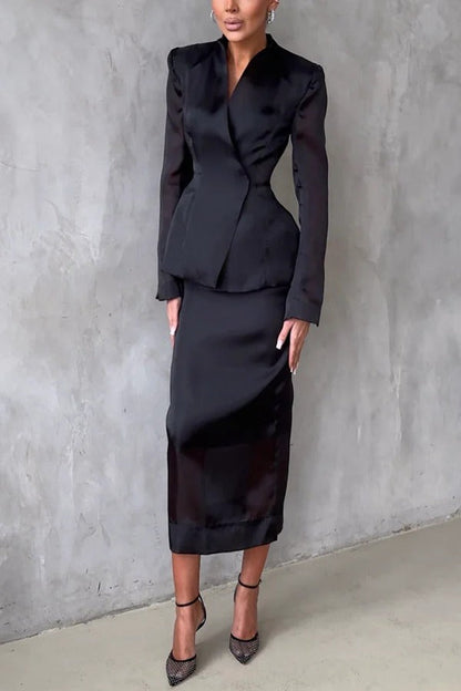 Blazer de organza con escote en V y manga larga con corte de reloj de arena de forma perfecta 