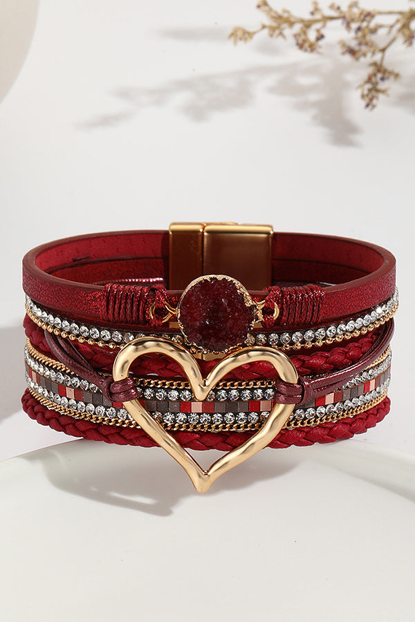 Bohemian Leather Cord Multi-layered Raw Stone Heart Bracelet