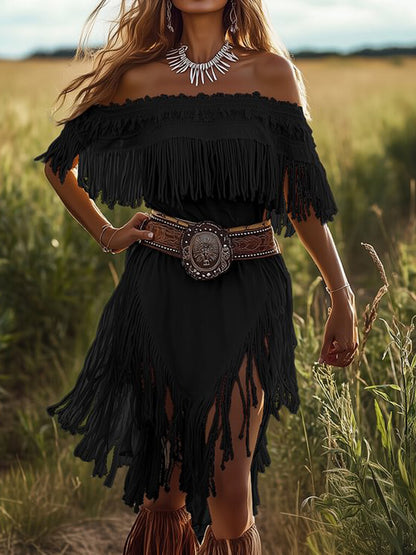 sheenchic Off The Shoulder Fringe Irregular Hem Midi Dress