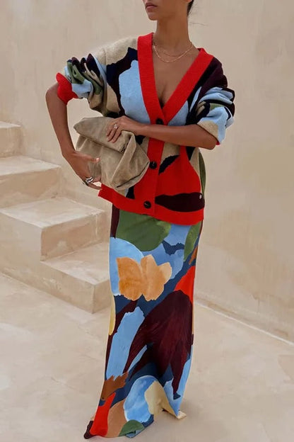 Cárdigan holgado de manga larga con botones y bloques de colores abstractos de punto brillante y atrevido 