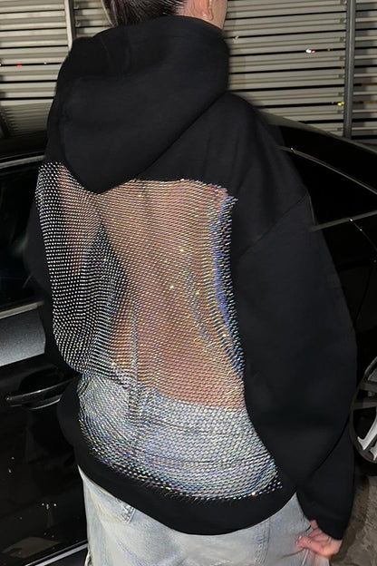 Sudadera con capucha, manga larga, holgada, de malla brillante y moderna, con espalda hueca 