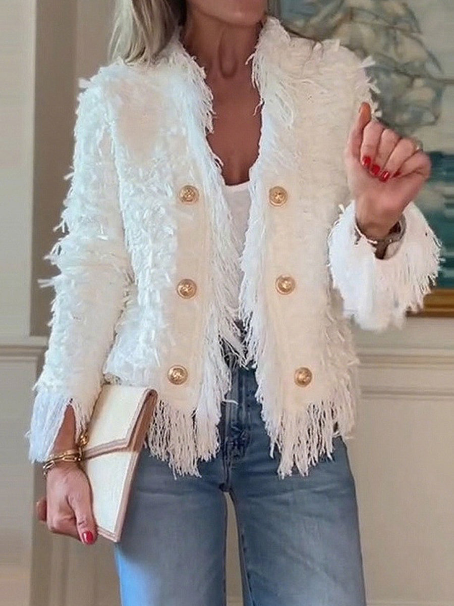 Daily White Long Sleeve Strappy Casual Button Tweed Jacket
