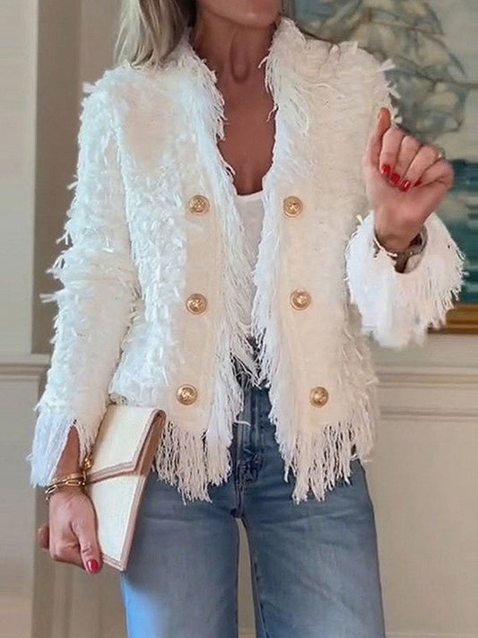 Daily White Long Sleeve Strappy Casual Button Tweed Jacket
