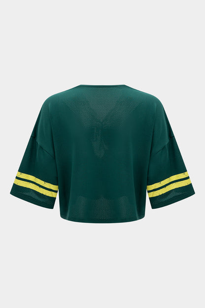 Stripe Letter Print Lace Trim Patchwork Short Sleeve T-Shirt