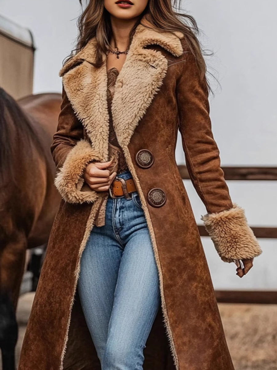 Daily Brown Turndown Collar Long Sleeve Button Western Contrast Faux Fur Chamois Coat
