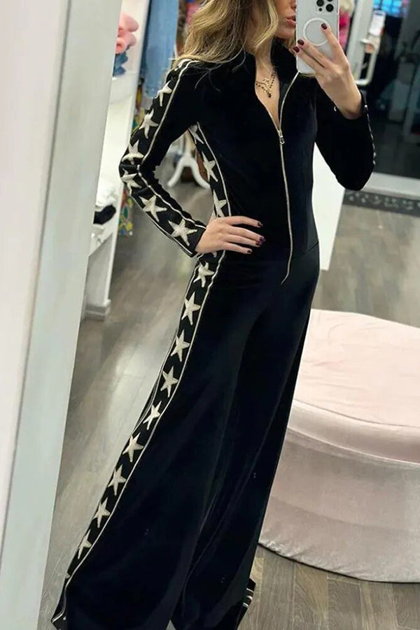 Star-print Velvet Patchwork Zipped Wide-leg Jumpsuit(ONE SIZE DOWN)