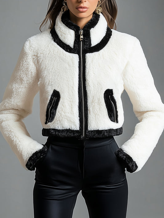 sheenchic High Neck Zipper Pocket Contrast Color Plush Jacket