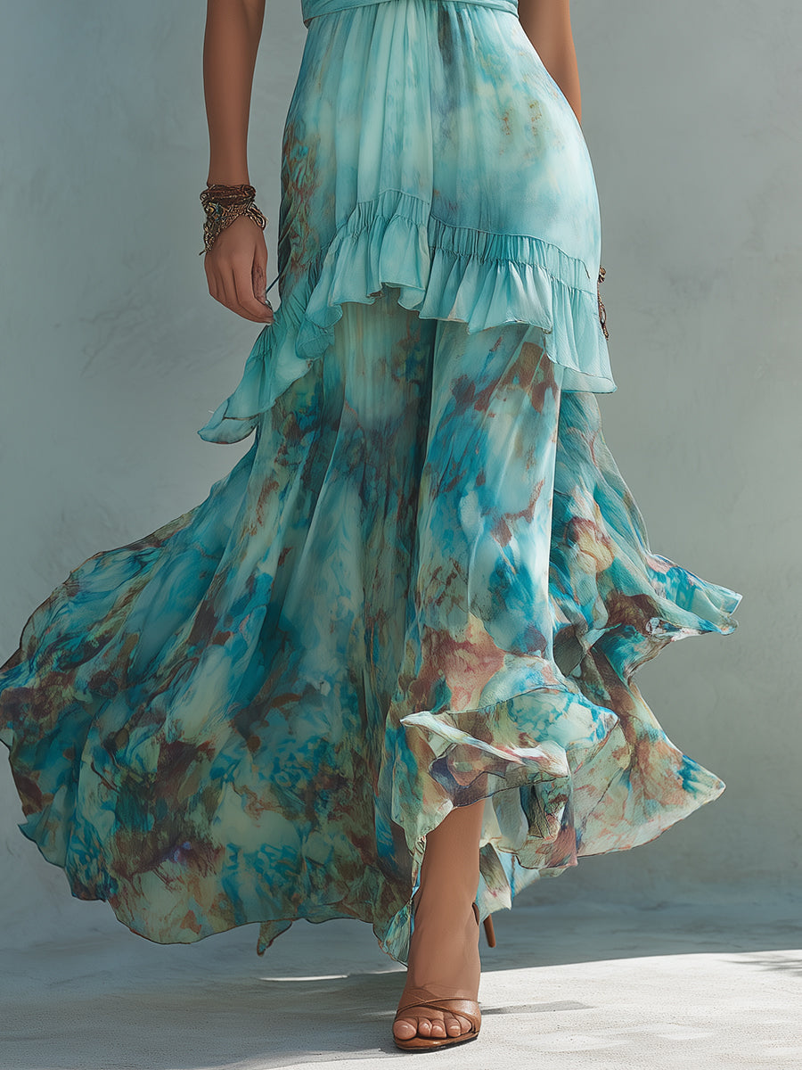Bohemian Printed Chiffon Maxi Dress With Ruffles