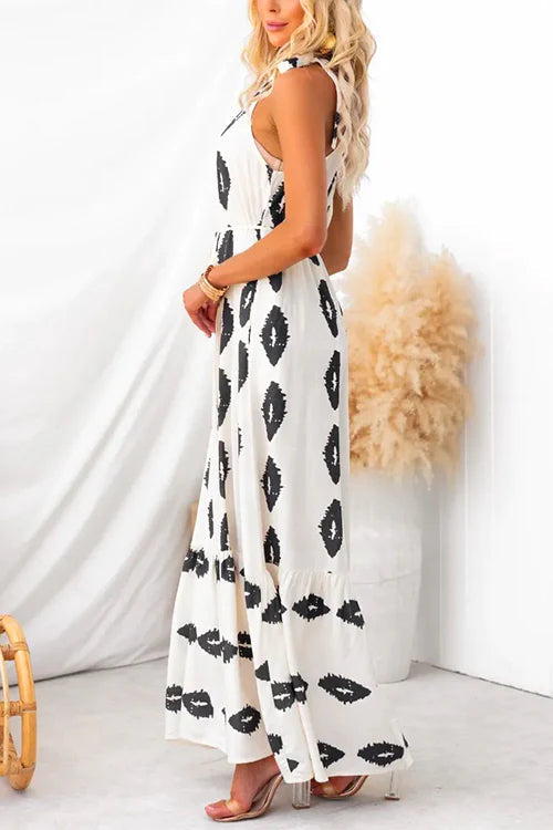 Bow Knot One Shoulder Printed Ruffle Maxi Dress