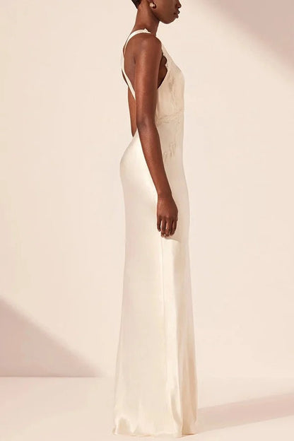Modern Day Glam Satin Lace Trim V-neck Cross Back Maxi Dress
