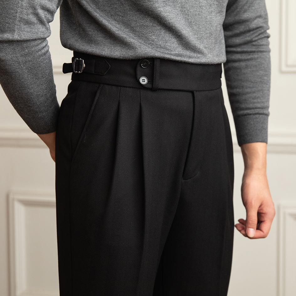 High Waist Pleated Wool Trousers | Herringbone Weave | Straight Fit