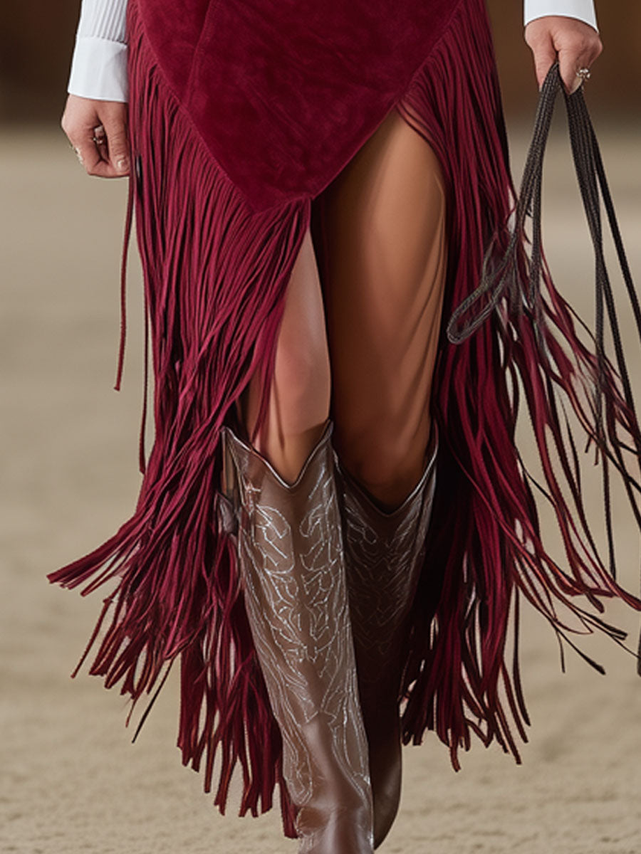 Western Retro Red Faux Suede Slit Fringe Midi Skirt