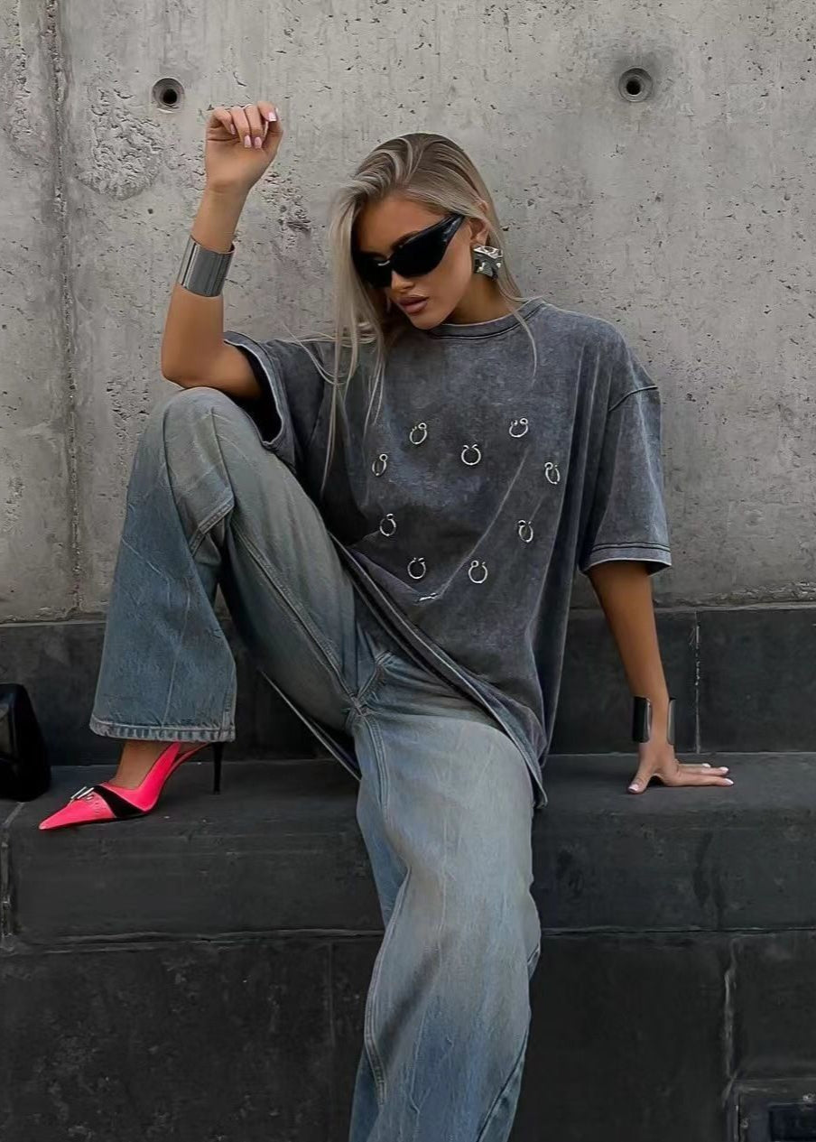 Shadow Pierced Oversized Tee – Washed Black Street Statement