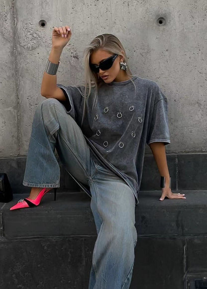 Shadow Pierced Oversized Tee – Washed Black Street Statement