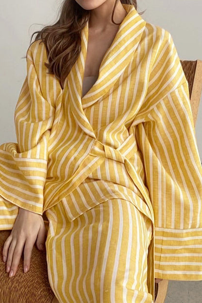 Stripes Print Tie-Up Long-Sleeve Shirt And Trousers Set