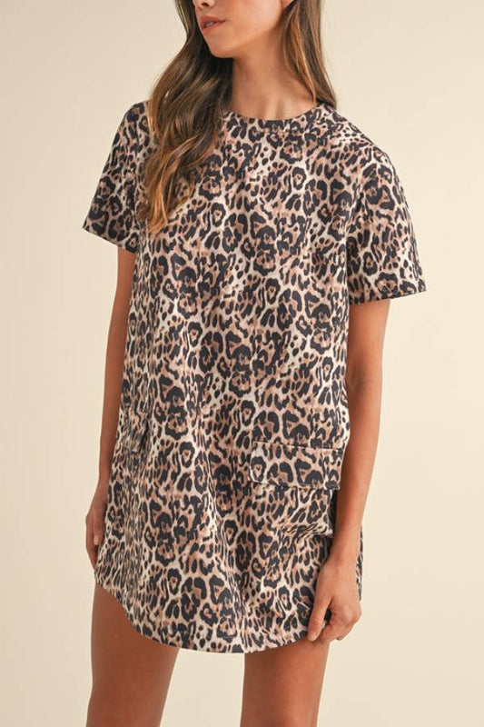 Brown Leopard Print Short Sleeve Pocket Mini Dress