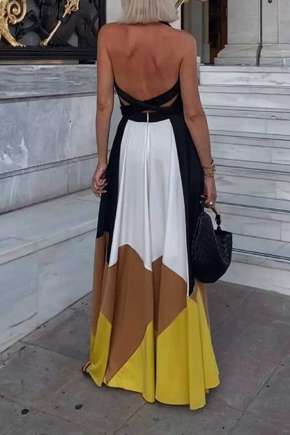 Colorblock Lace-up Backless Sexy Long Swing Dress