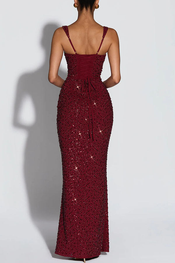 Vestido largo Calanthe de gasa con lentejuelas, fruncido, escote cuadrado y espalda con cordones 