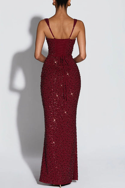 Vestido largo Calanthe de gasa con lentejuelas, fruncido, escote cuadrado y espalda con cordones 