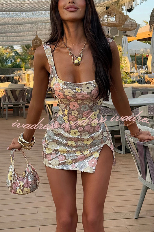 Sequined Flower Sexy Square Neck Slim Fit Mini Dress