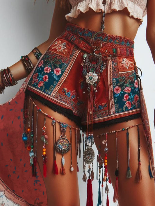 Boho Floral Pattern High Waist Raw Trim Shorts
