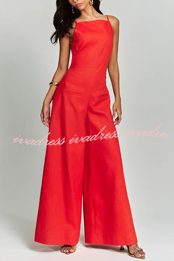 Kelso Linen Blend Square Neck Pocketed Backless Wide Leg Jumpsuit