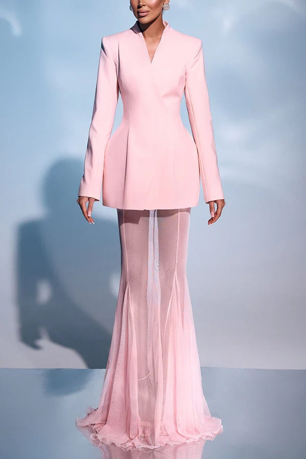 Shes Timeless V-neck Single Button Long Sleeve Waisted Blazer