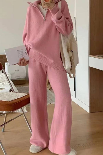 Traje informal de dos piezas con suéter de solapa y pantalones anchos