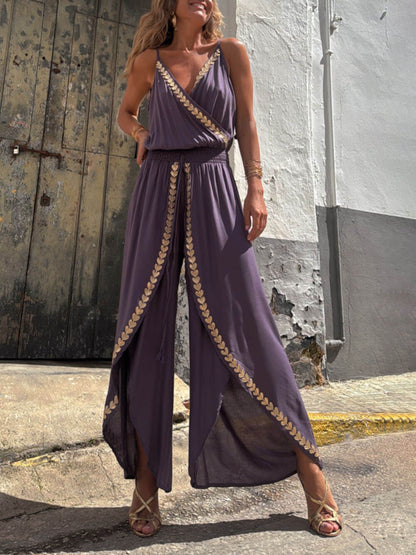 Unique Gold Trim Cross-Neck Elastic Waist Drawstring Slit Jumpsuit
