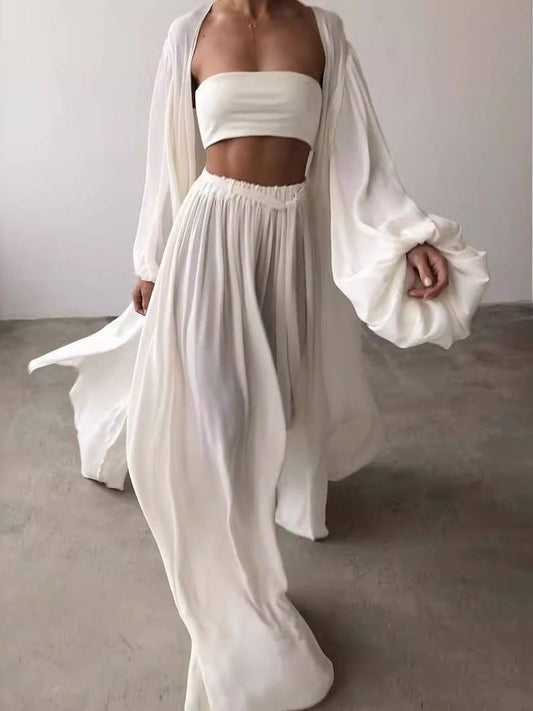 Long Shirt Wide Leg Pants Tube Top Three-piece Set