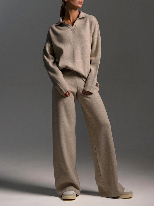 Polo Neck Knitted Pullover Wide Leg Pants Two-Piece Sets