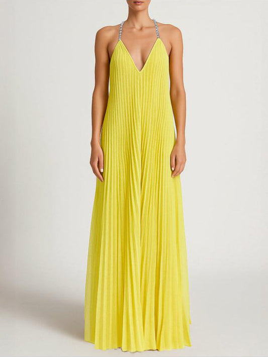 Elegant Pleated V-Neck Backless Chiffon Maxi Dress