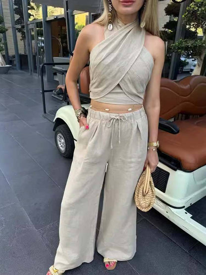 Cross Halter Tank Top And Wide Leg Pants Suit-Pants