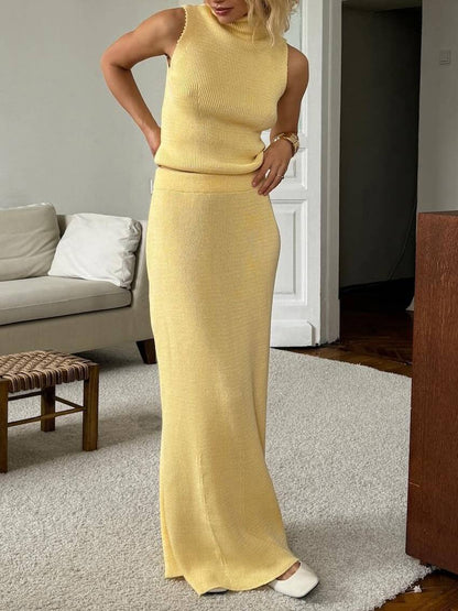 Turtleneck vest Long skirt two piece set