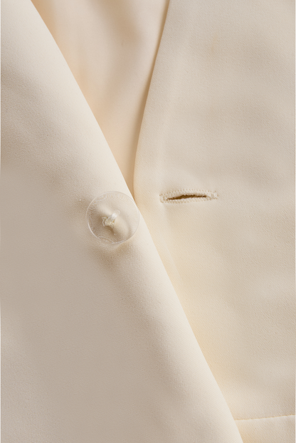 White Sleeveless Blazer Romper With Gold Trim