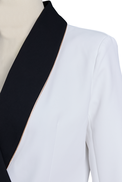 Elegant Asymmetrical White Blazer with Black Contrast Lapels