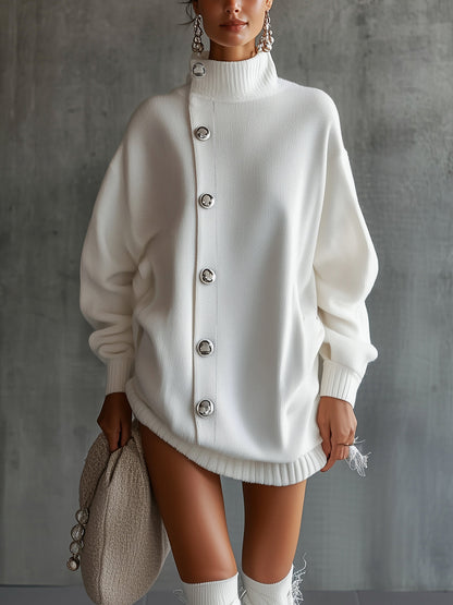 White Oversized Buttoned Turtleneck Sweater Dress