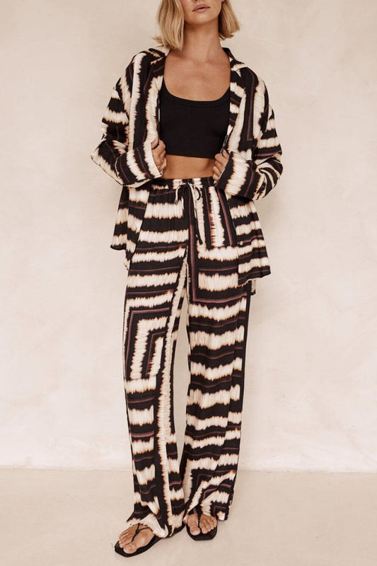 Signature Strip Textured Chocolate Print Baggy Pants-Set