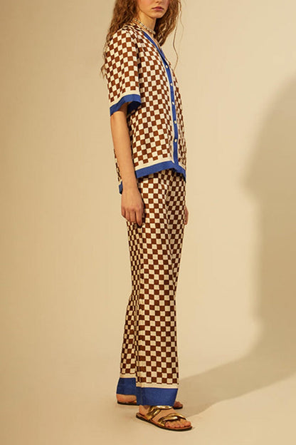 Unique Checkerboard Print Blue Stripe Splicing Loose Elastic Pants-Set