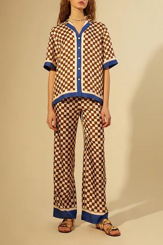 Unique Checkerboard Print Blue Stripe Splicing Loose Elastic Pants-Set