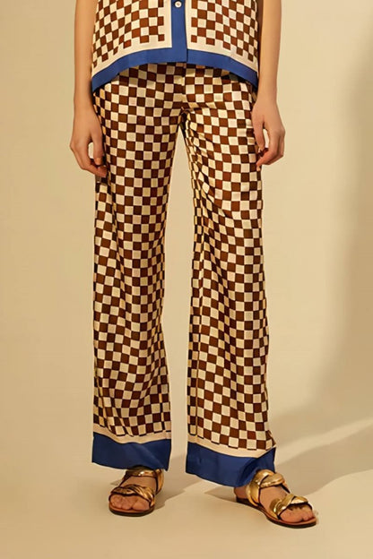 Unique Checkerboard Print Blue Stripe Splicing Loose Elastic Pants-Set
