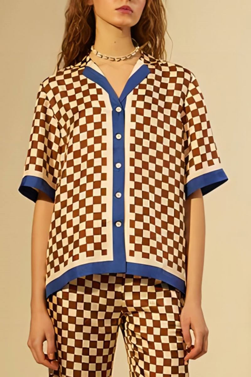 Unique Checkerboard Print Blue Stripe Splicing Loose Elastic Pants-Set