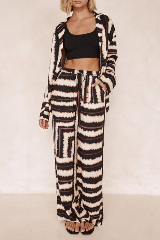 Signature Strip Textured Chocolate Print Baggy Pants-Set