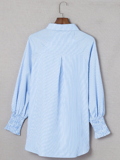 Sky Blue Smocked Cuffed Striped Boyfriend Shirt with Pocket