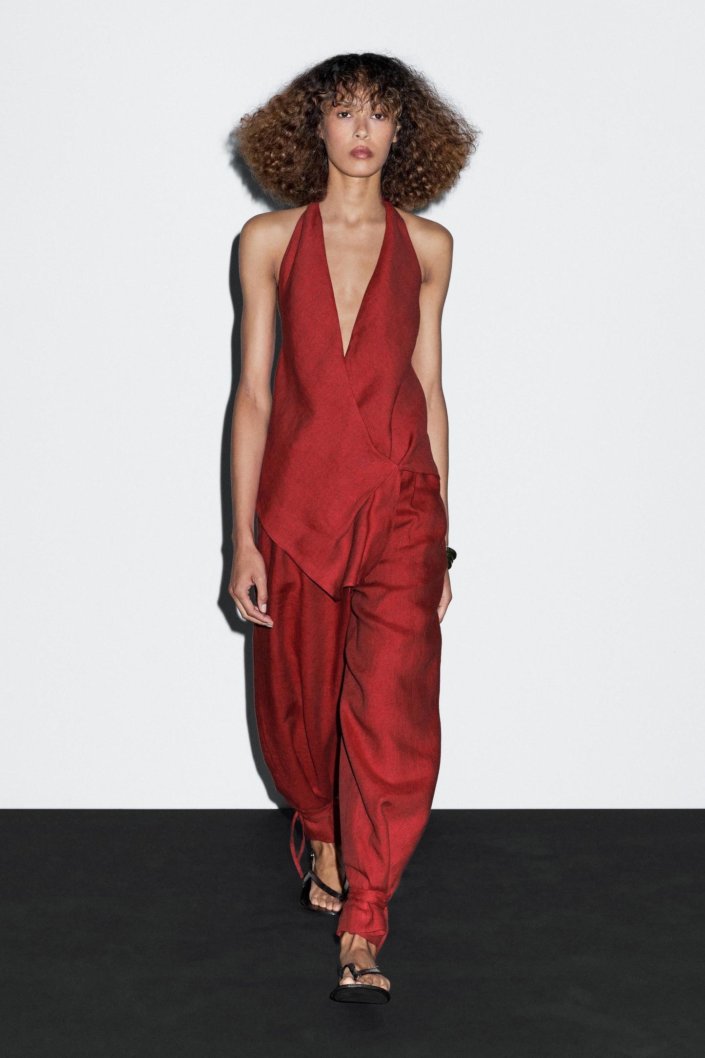 Crimson Halter Neck Asymmetric Top & Harem Pants Set