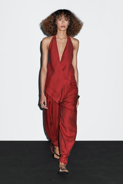 Crimson Halter Neck Asymmetric Top & Harem Pants Set