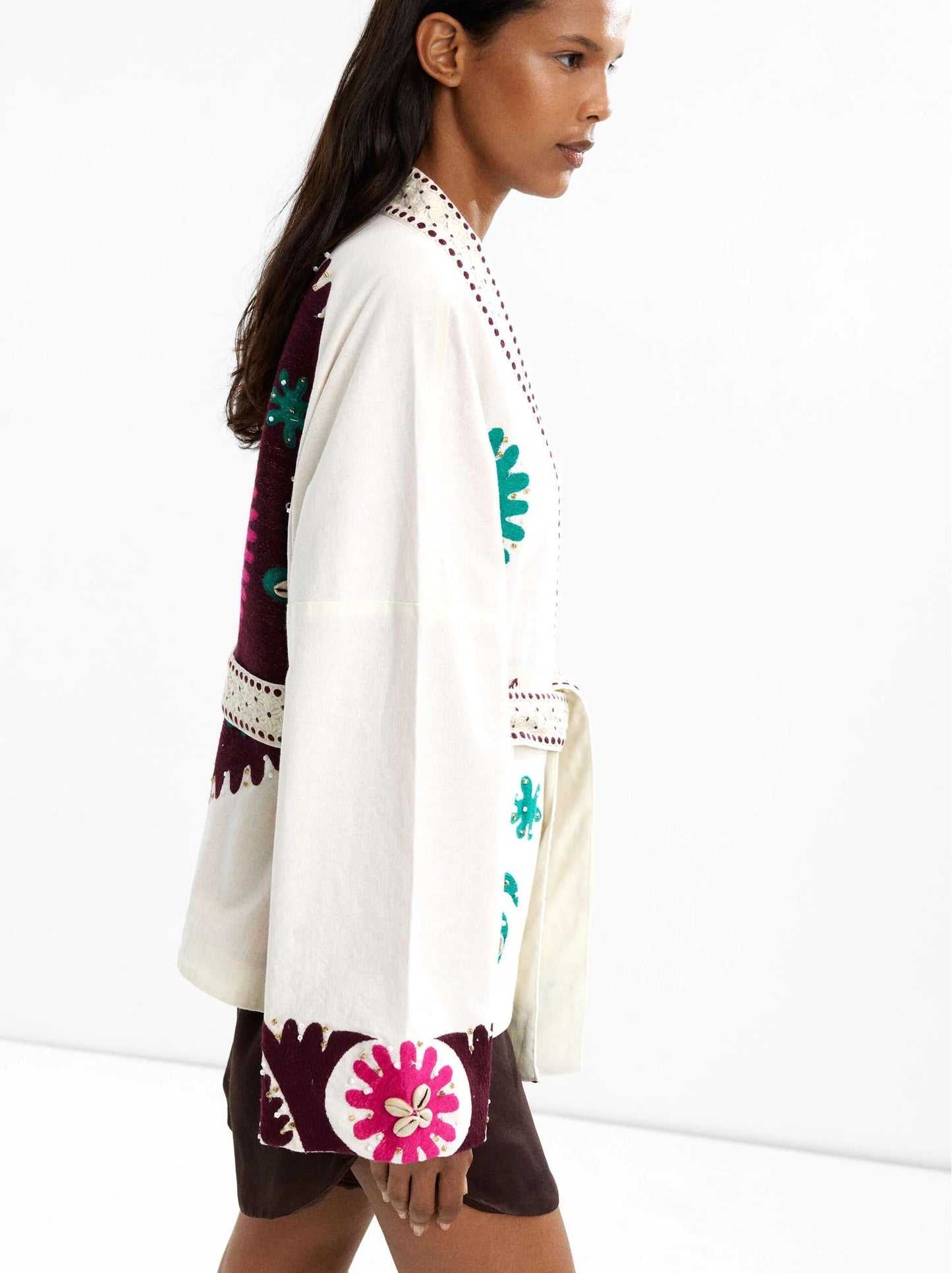 Embroidered Open-Front Coat
