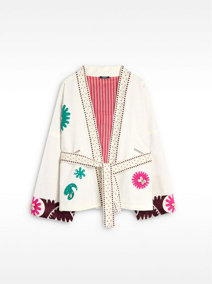 Embroidered Open-Front Coat