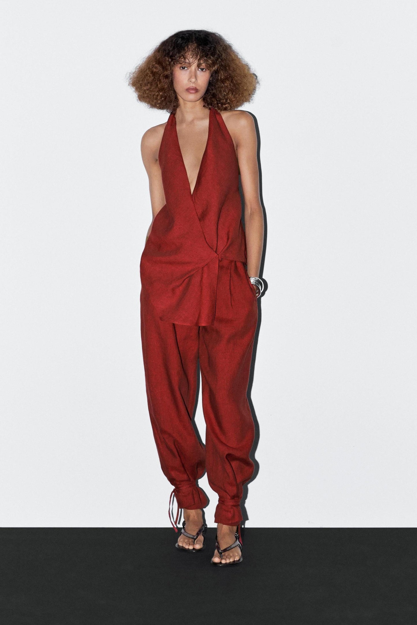 Crimson Halter Neck Asymmetric Top & Harem Pants Set